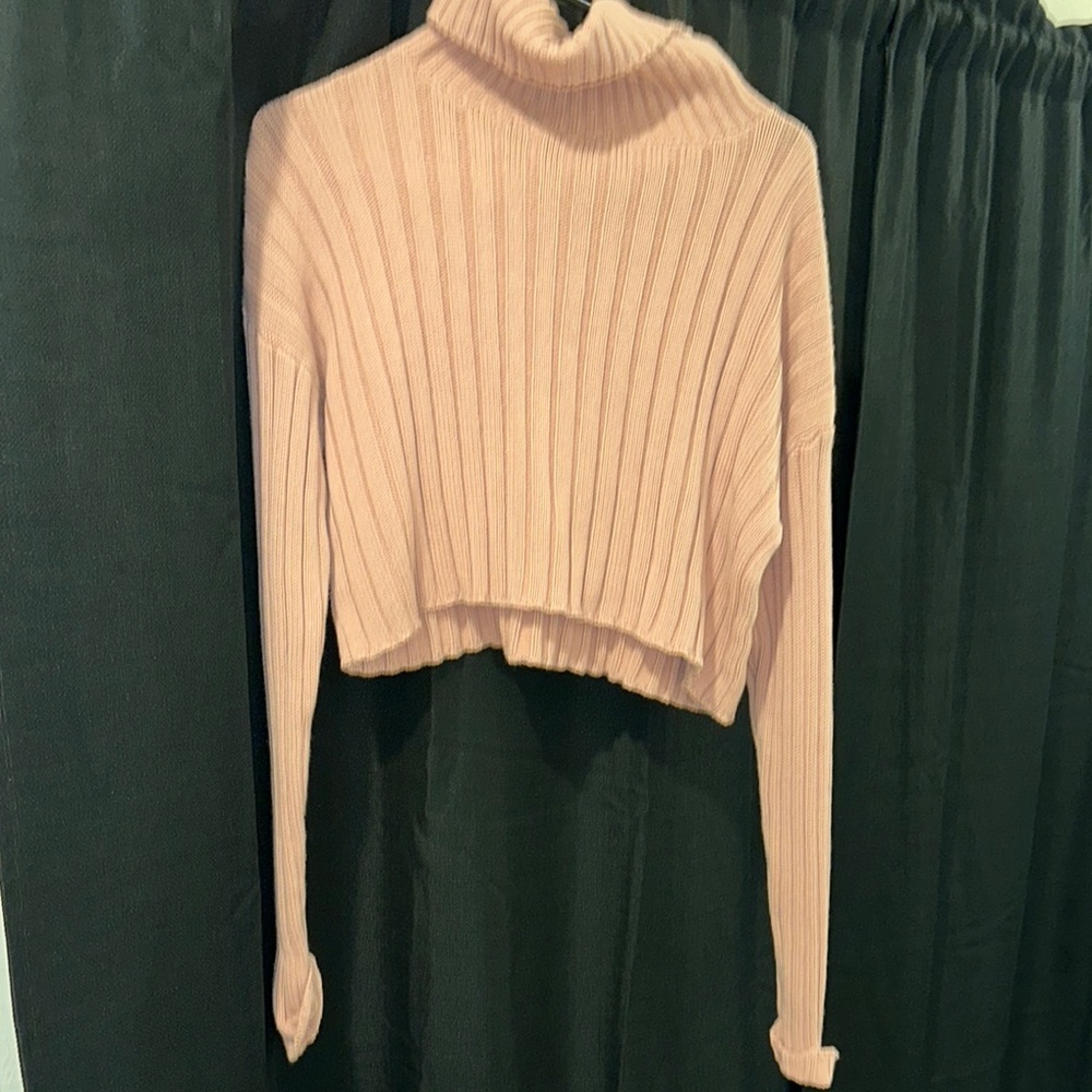 Pink Ribbed Turtleneck Sweater